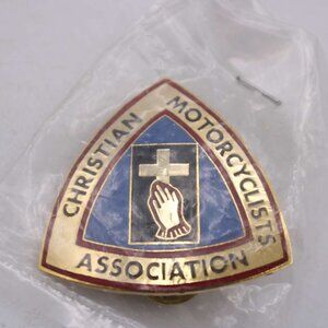 Christian Motorcyclists Association CMA Crest Pin Badge Gold Blue Cross Logo Vtg